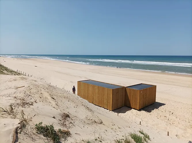Entrée conteneur aménagé avec bardage bois et porte design